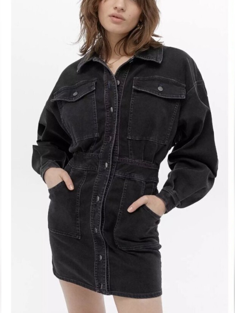 Free People "Bo" Midnight Denim Long Sleeve Shirt Dress Washed Black Size S